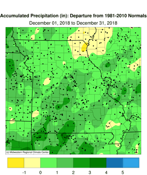 Missouri Accumulated Precipitation Departure: December 1 to December 31, 2018