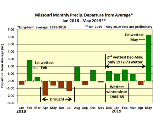 Missouri Monthy Precip Departure from Average* Jan 2018-May 2019**