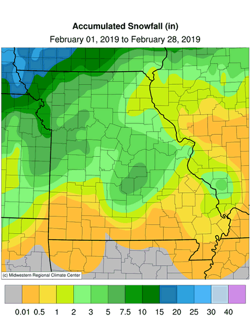 Accumulated Snowfall (in) February 1 to February 28, 2019
