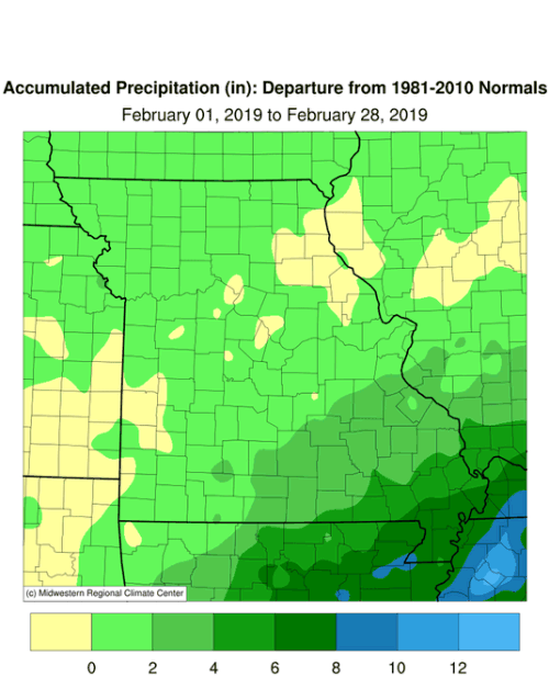 Missouri Accumulated Precip Departure: February 1 to February 31, 2019