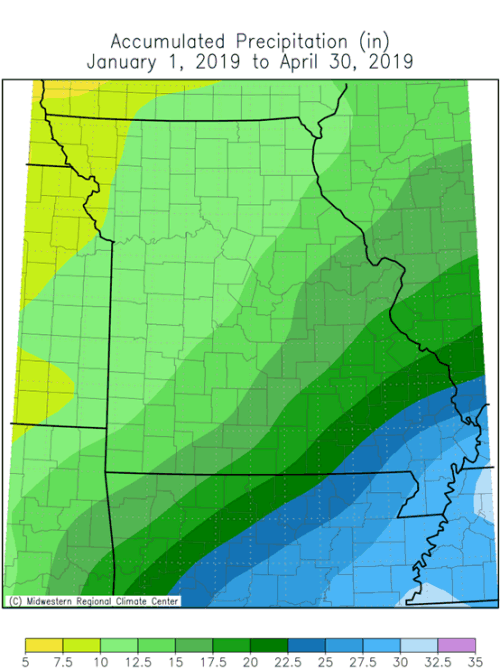 Missouri Accumulated Precip January 1, 2019 to April 30, 2019