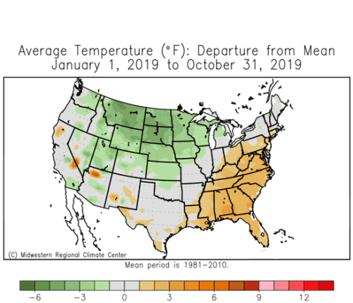Average Temp Departure from Mean Jan 1, 2019 to Oct 31, 2019