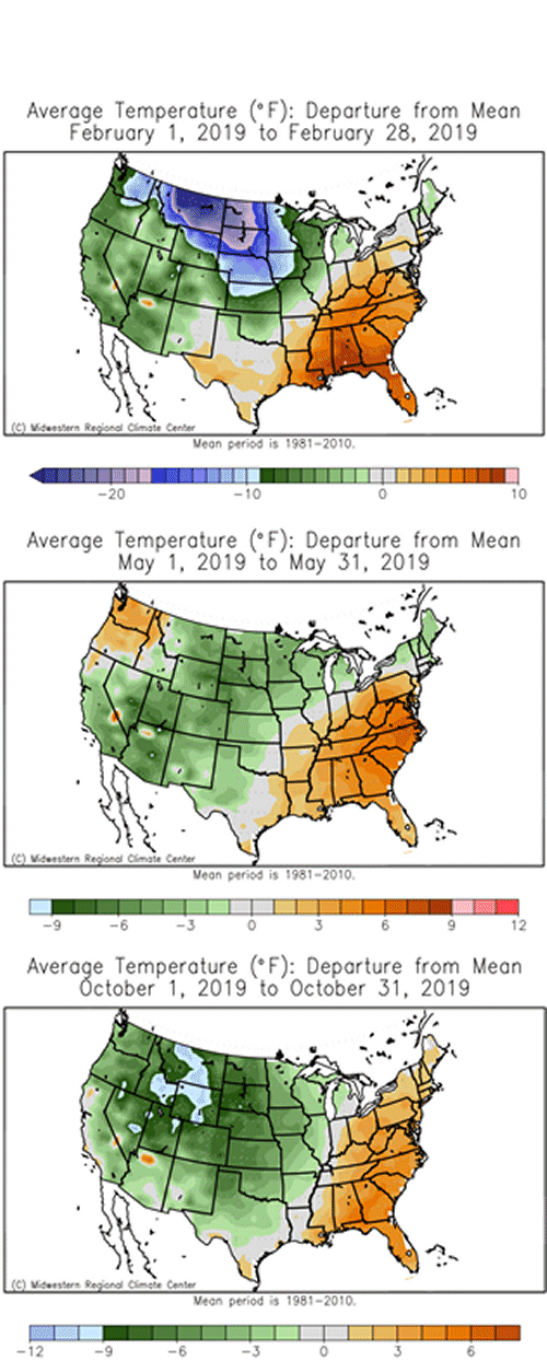 Average Temp Departure from Mean, Feb/May/Oct 2019