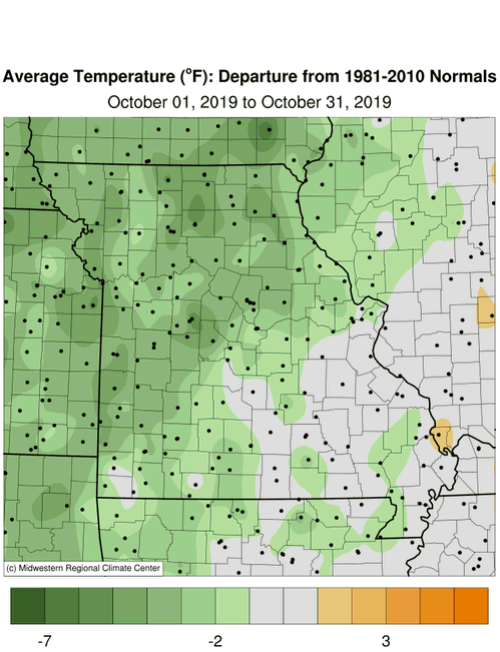 Missouri Average Temperature Departure October 2019