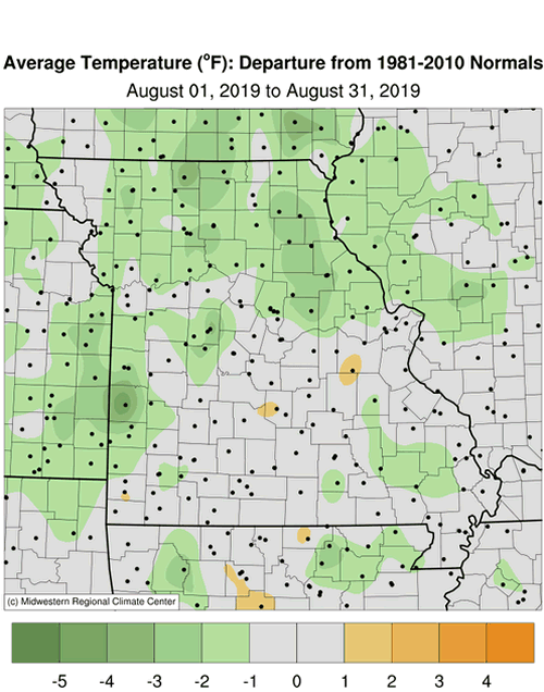 Missouri Average August 2019 Temperature Departure