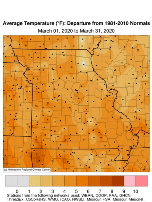 Missouri Average Temp Departure March 2020