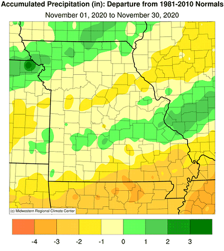 Accumulated Precipitation (in): Departure from 1981-2010 Normals November 01, 2020 to November 30, 2020