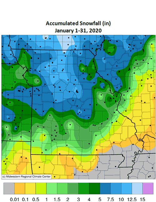 Accumulated Snowfall Jan 1-31, 2020