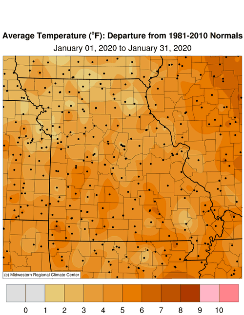 Missouri Average Temperature Departure January 2020