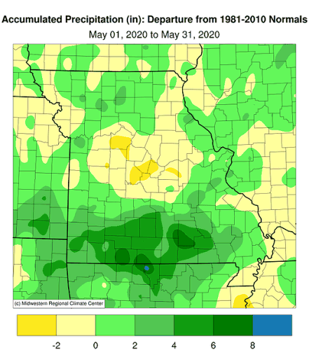 Accumulated Precipitation (in): Departure from 1981-2010 Normals May 01, 2020 to May 31, 2020