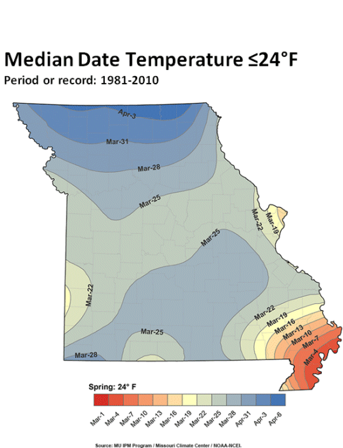 Missouri Median Date Temp <24F