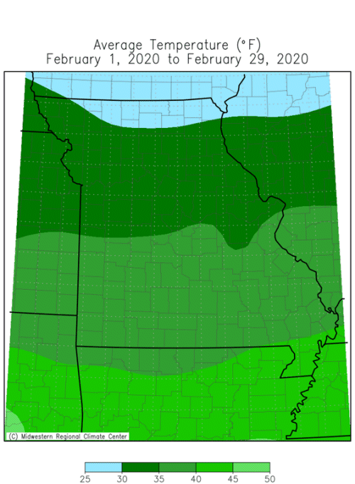 Missouri Average Temperature February 2020