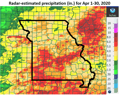 Radar-estimated (in.) for Apr 1-30, 2020