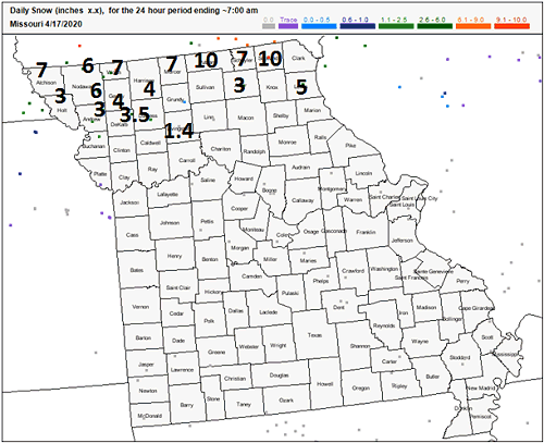Daily Snowfall for the 24-hr period ending 7:00 a.m. CDT, April 17, 2020
