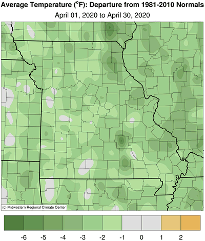 Average Temperature (°F): Departure from 1981-2010 Normals April 01, 2020 to April 30, 2020