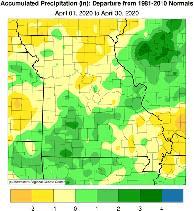 Accumulated Precipitation (in): Departure from 1981-2010 Normals April 01, 2020 to April 30, 2020