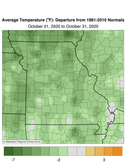 Average Temperature (°F) Departure: Oct 01, 2020 to Oct 31, 2020