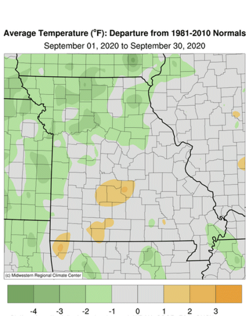 Average Temperature (°F) Departure: Sep 01, 2020 to Sep 30, 2020