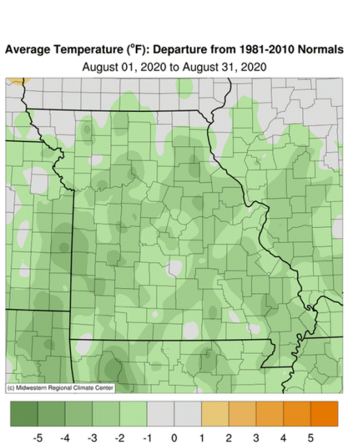Average Temp Departure Missouri August 2020