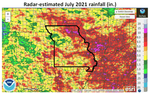 Radar-estimated July 2021 rainfall (in.) 
