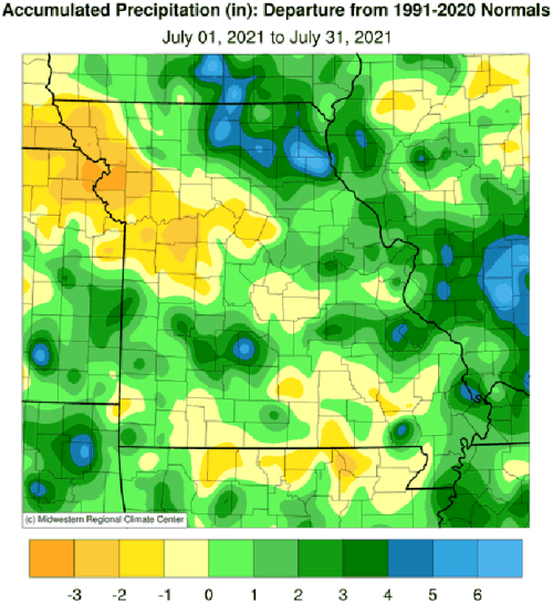 Accumulated Precipitation (in): Departure from 1991-2020 Normals July 01, 2021 to July 31, 2021