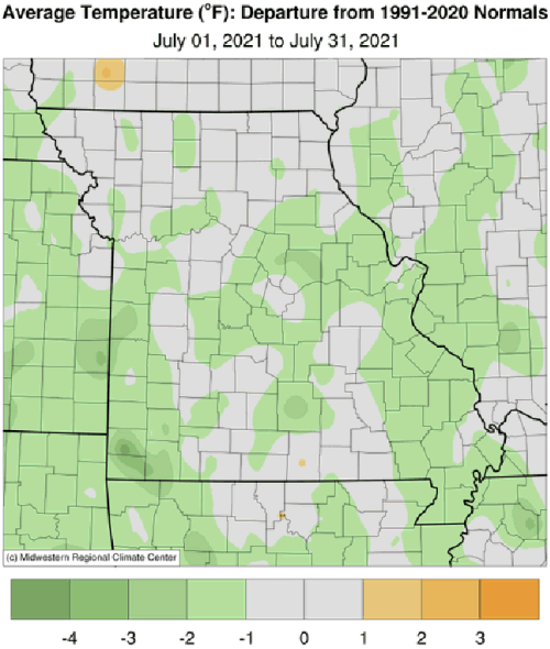 Average Temperature (°F): Departure from 1991-2020 Normals July 01, 2021 to July 31, 2021