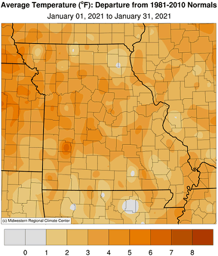 Average Temperature (°F): Departure from 1981-2010 Normals January 01, 2021 to January 31, 2021