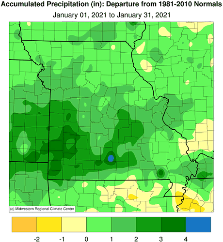 Accumulated Precipitation (in): Departure from 1981-2010 Normals January 01, 2021 to January 31, 2021