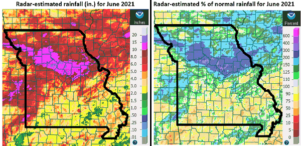 Radar-Estimated Rainfall (in.) for June 2021 & Radar-Estimated % of normal Rainfall (in.) for June 2021