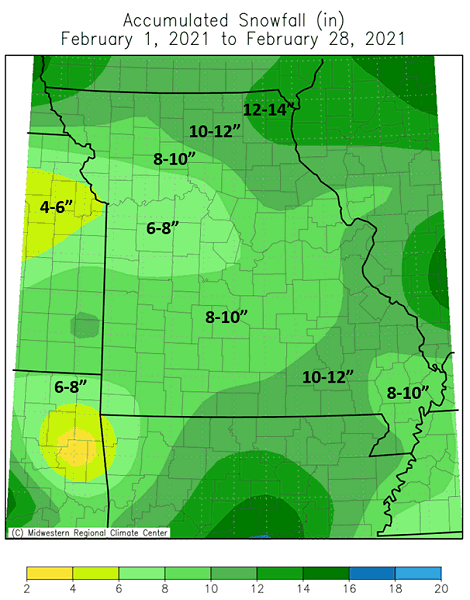 Accumulated Snowfall (in) February 1, 2021 to February 28, 2021