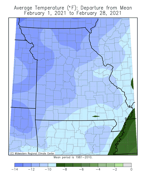 Average Temperature (°F): Departure from Mean February 1, 2021 to February 28, 2021