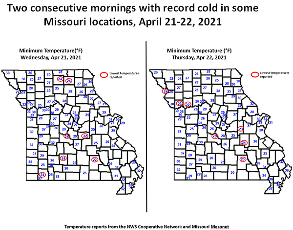 Two consecutive mornings with record cold in some Missouri locations, April 21-22, 2021