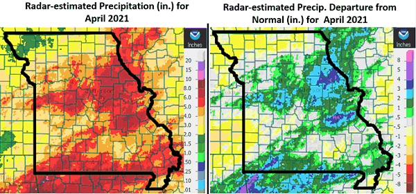 Radar-Estimated Precipitation (in) for April 2021 and Radar-Estimated Precip. Departure from Normal (in.) for April 2021