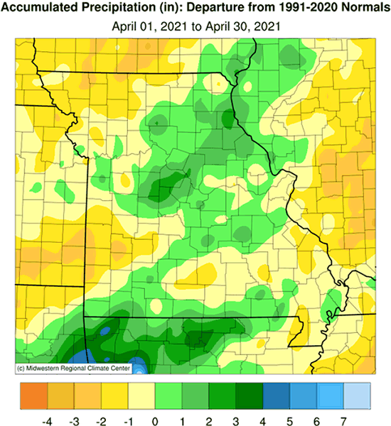 Accumulated Precipitation (in): Departure from 1991-2020 Normals April 1, 2021 to April 30, 2021