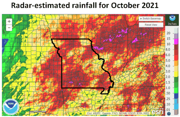 Radar-estimated rainfall for October 2021