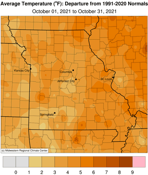 Average Temperature (°F): Departure from 1991-2020 Normals October 01, 2021 to October 31, 2021