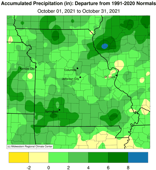 Accumulated Precipitation (in): Departure from 1991-2020 Normals October 01, 2021 to October 31, 2021