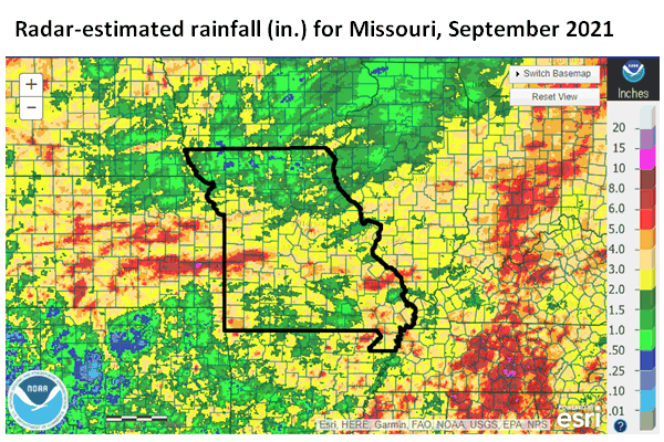 Radar-estimated rainfall (in.) for Missouri, September 2021