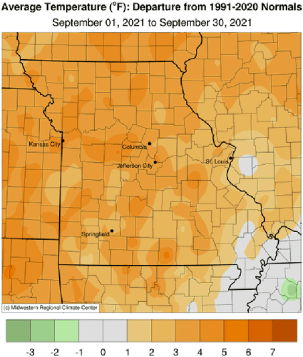 Average Temperature (°F): Departure from 1991-2020 Normals September 01, 2021 to September 30, 2021