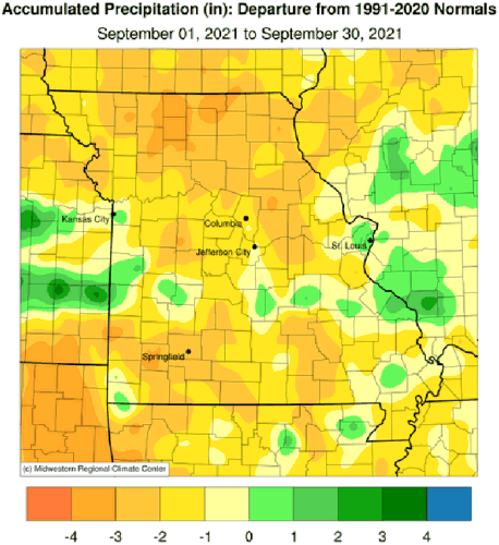 Accumulated Precipitation (in): Departure from 1991-2020 Normals September 01, 2021 to September 30, 2021