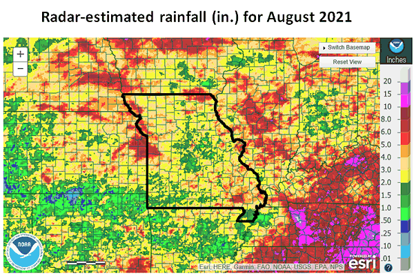 Radar-estimated rainfall (in.) for August 2021