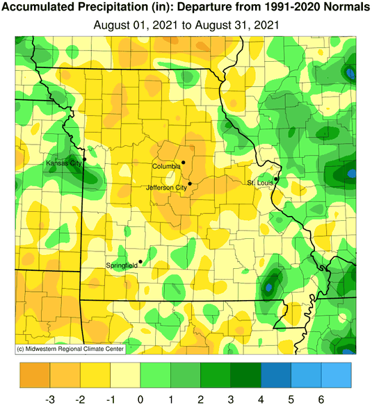 Accumulated Precipitation (in): Departure from 1991-2020 Normals August 01, 2021 to August 31, 2021