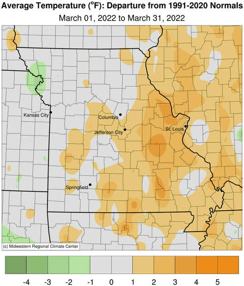 Average Temperature (°F): Departure from 1991-2020 Normals March 01, 2022 to March 31, 2022