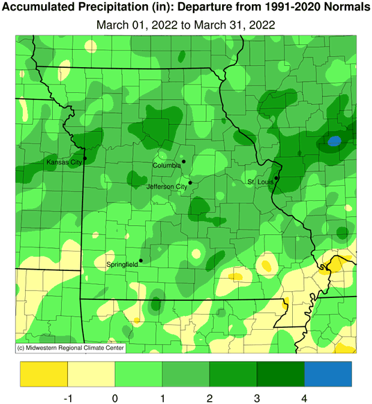 Accumulated Precipitation (in): Departure from 1991-2020 Normals March 01, 2022 to March 31, 2022