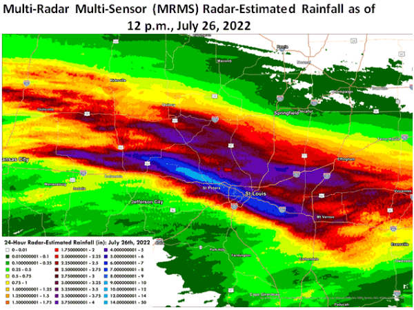 Multi-Radar Multi-Sensor (MRMS) Radar-Estimated Rainfall as of 12 p.m., July 26, 2022