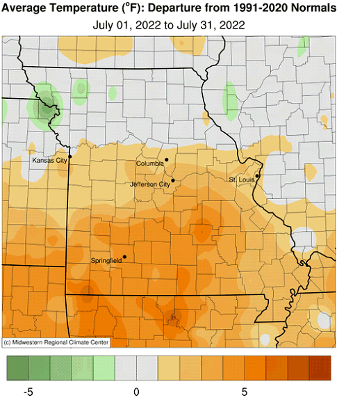 Average Temperature (°F): Departure from 1991-2020 Normals July 01, 2022 to July 31, 2022