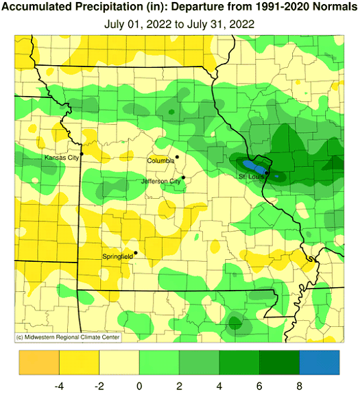 Accumulated Precipitation (in): Departure from 1991-2020 Normals July 01, 2022 to July 31, 2022