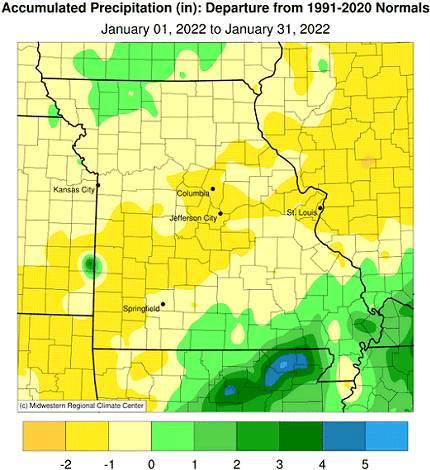Accumulated Precipitation (in): Departure from 1991-2020 Normals January 01, 2022 to January 31, 2022