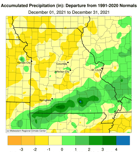 Accumulated Precipitation (in): Departure from 1991-2020 Normals December 01, 2021 to December 31, 2021