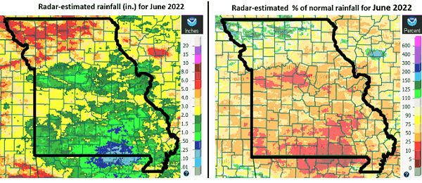 Radar-Estimated Rainfall (in.) for June 2022 and Radar-Estimated % of Normal Rainfall (in.) for June